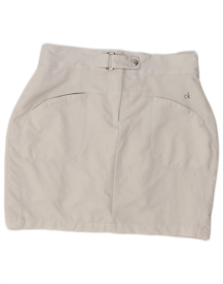 Mini saia feminina Calvin Klein Reino Unido 10 pequena W28 poliéster branco