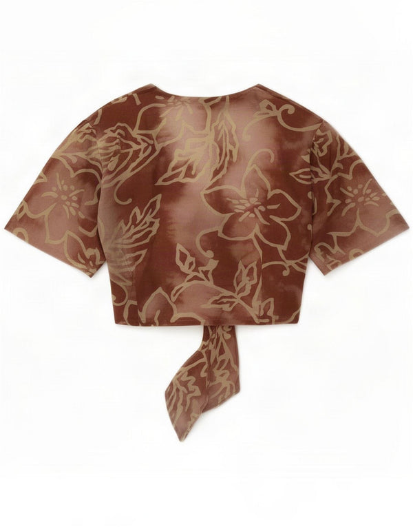 Blusa feminina vintage com gravata frontal UK 12 Floral marrom médio