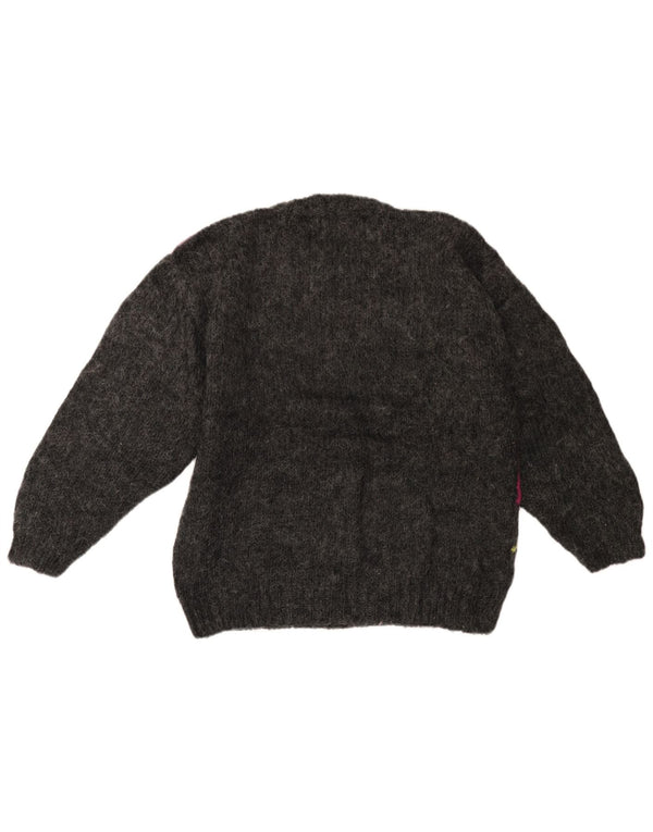 Suéter feminino VINTAGE com gola redonda UK 14 grande bloco colorido cinza