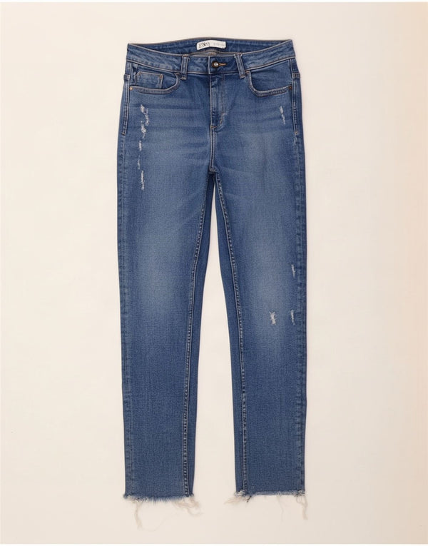 Calça jeans feminina skinny desgastada Zara EU 42 grande W32 L26 algodão azul