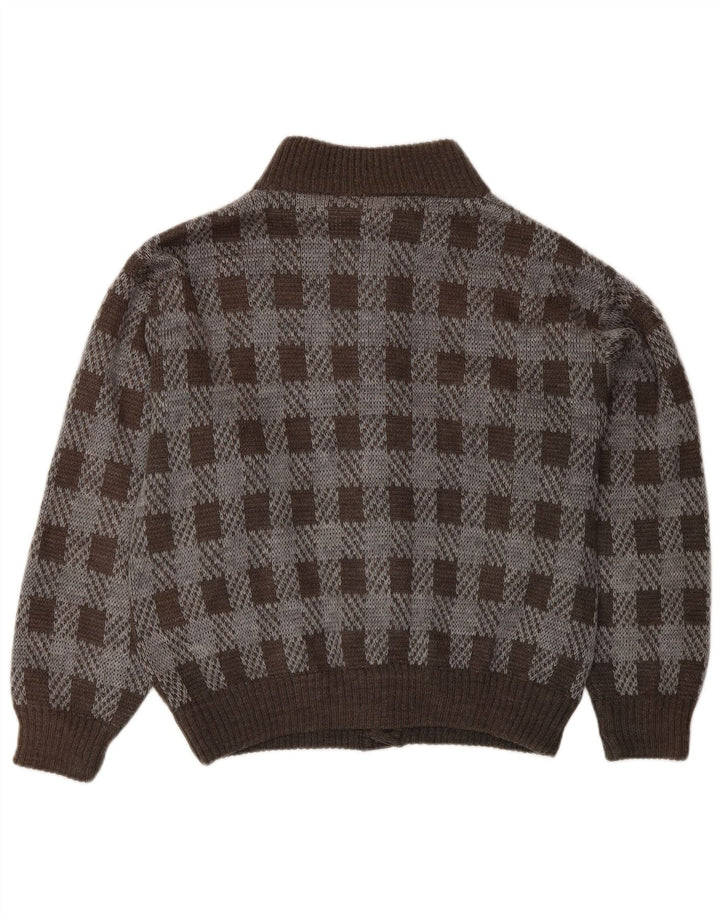 Suéter cardigã masculino vintage acrílico xadrez marrom médio
