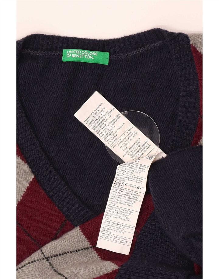 Suéter masculino Benetton com decote em V grande azul marinho Argyle/lã diamante