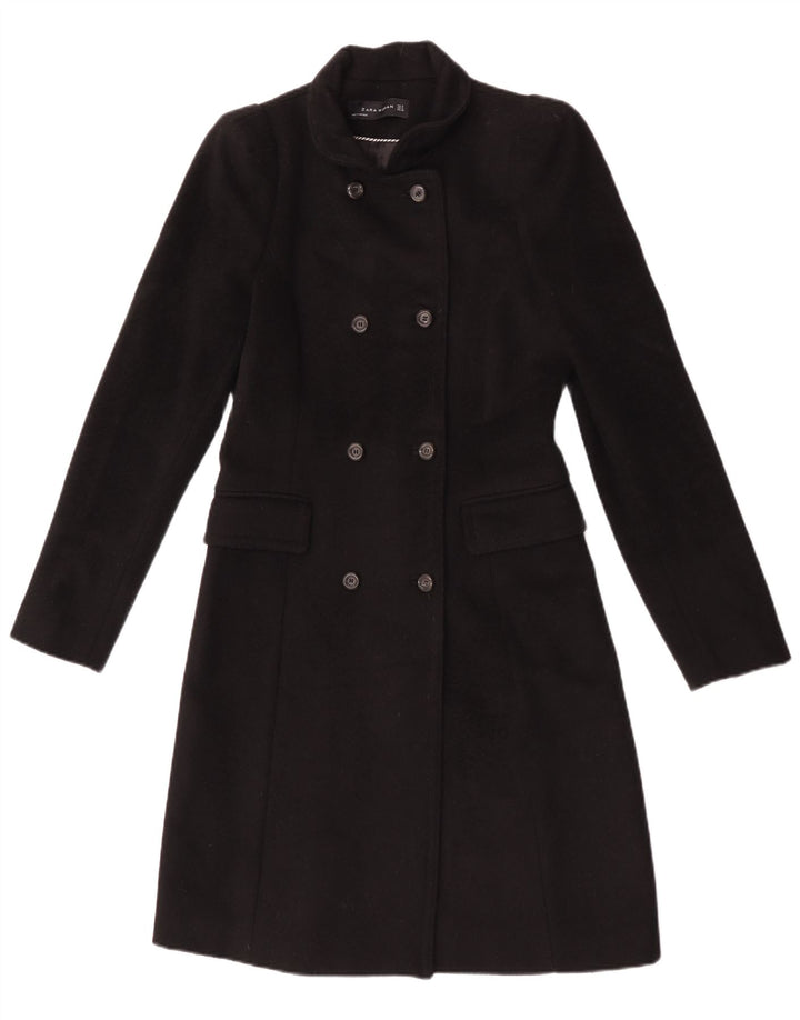 Zara Casaco feminino duplo breasted UK 10 pequeno lã preta
