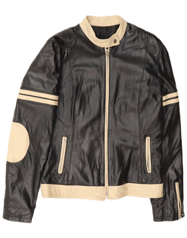 Jaqueta de couro feminina vintage IT 48 XL preto colorblock