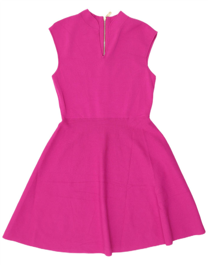 Vestido feminino Ted Baker sem mangas evasê tamanho 3 viscose rosa médio