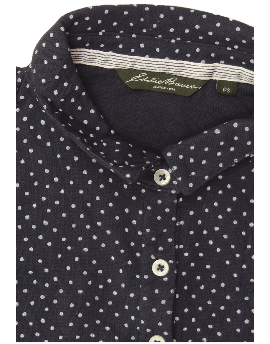 Camisa polo feminina EDDIE BAUER UK 10 pequena bolinha azul marinho