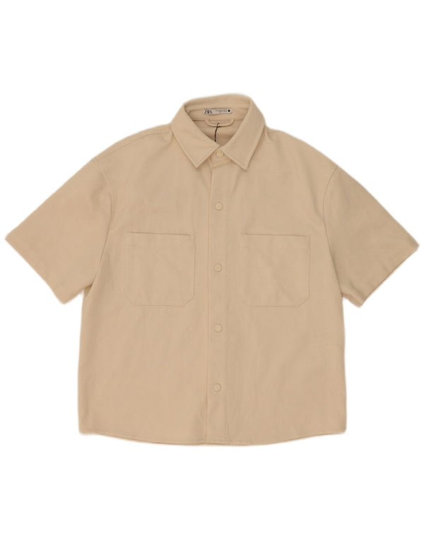 Zara Camisa masculina de manga curta poliéster bege médio