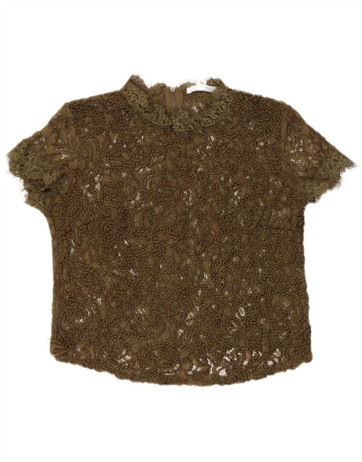 Blusa feminina Zara de renda transparente Reino Unido 8 pequena cáqui