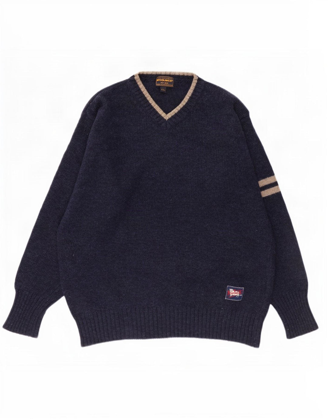 Suéter masculino Woolrich com decote em V 2XL lã listrada azul marinho