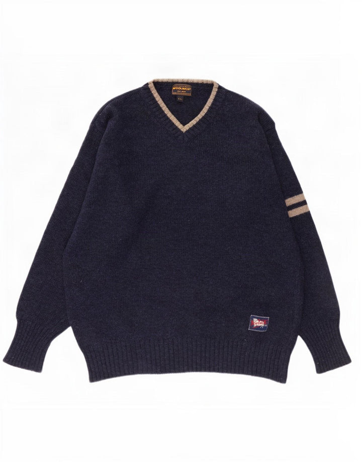 Suéter masculino Woolrich com decote em V 2XL lã listrada azul marinho