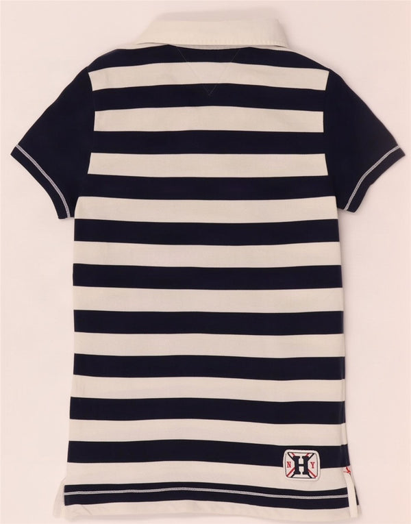 Camisa polo feminina de rugby Tommy Hilfiger Reino Unido 10 pequena listrada azul marinho de algodão
