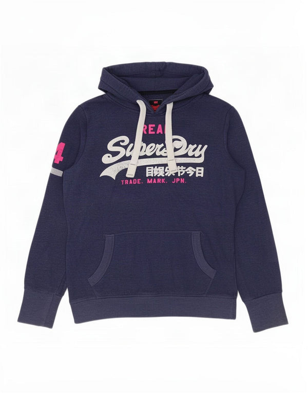 Suéter com capuz gráfico feminino Superdry UK 16 grande algodão azul marinho