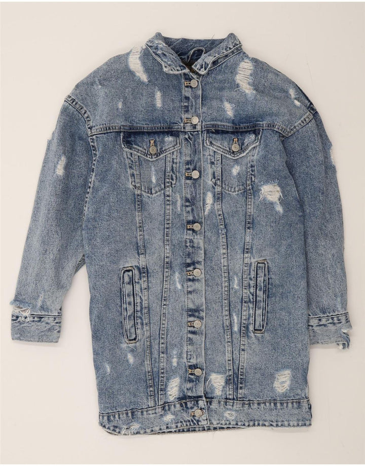 Zara Casaco jeans feminino oversized desgastado Sherpa Reino Unido 10 pequeno azul
