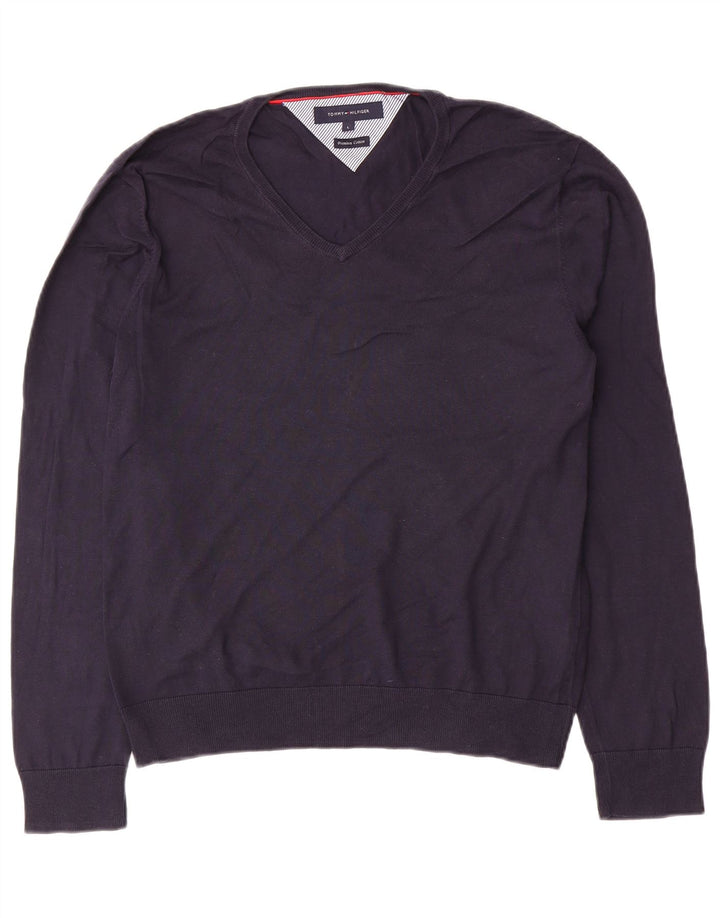 Suéter masculino TOMMY HILFIGER com decote em V grande algodão azul marinho