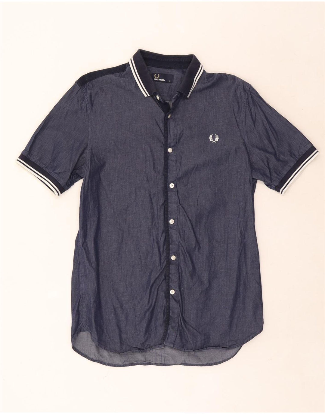 Camisa masculina de manga curta Fred Perry de algodão listrado azul marinho médio