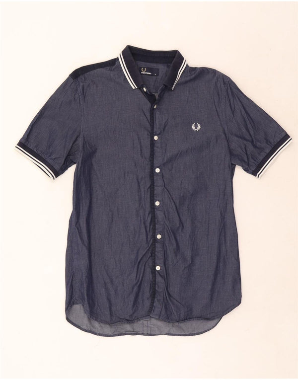 Camisa masculina de manga curta Fred Perry de algodão listrado azul marinho médio