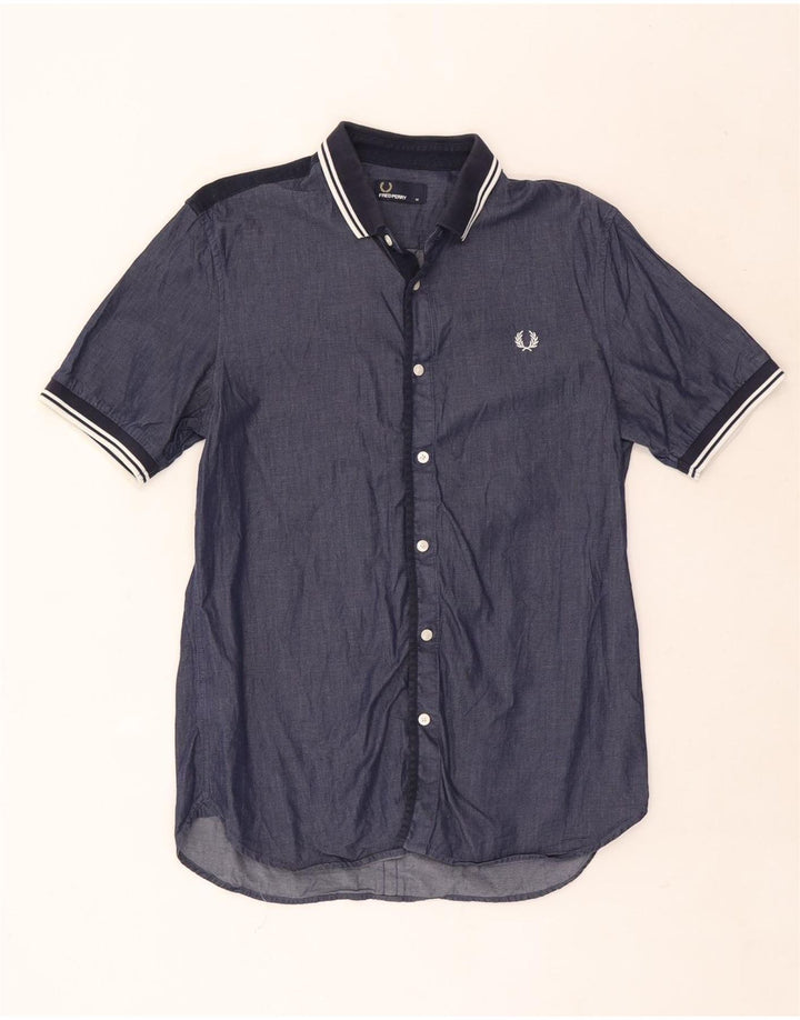 Camisa masculina de manga curta Fred Perry de algodão listrado azul marinho médio