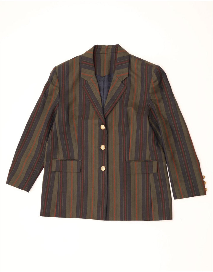 Jaqueta blazer feminina vintage com 3 botões Reino Unido 18 XL lã listrada cáqui