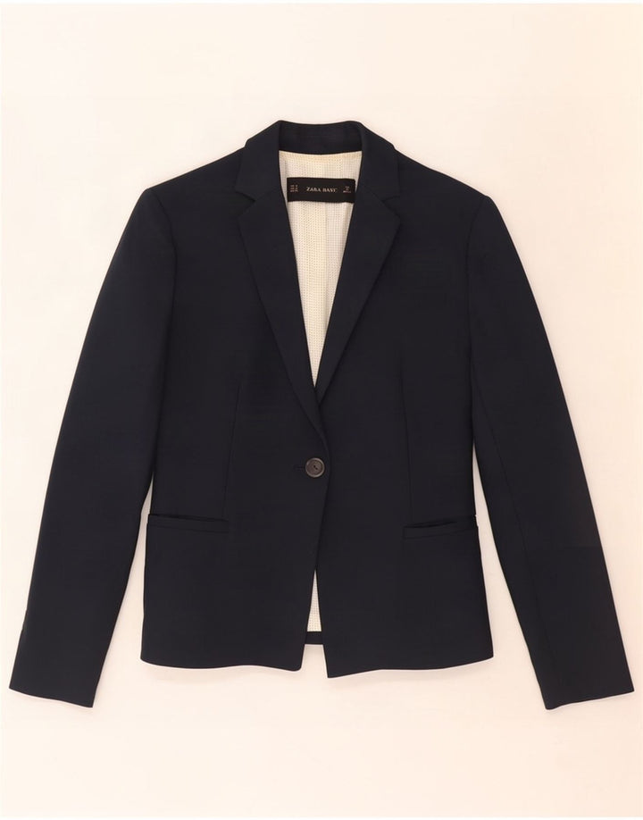 Jaqueta blazer feminina Zara com 1 botão Reino Unido 12 algodão azul marinho médio