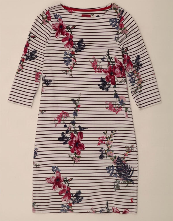 Vestido feminino Joules manga 3/4 com bainha UK 10 pequeno algodão listrado branco