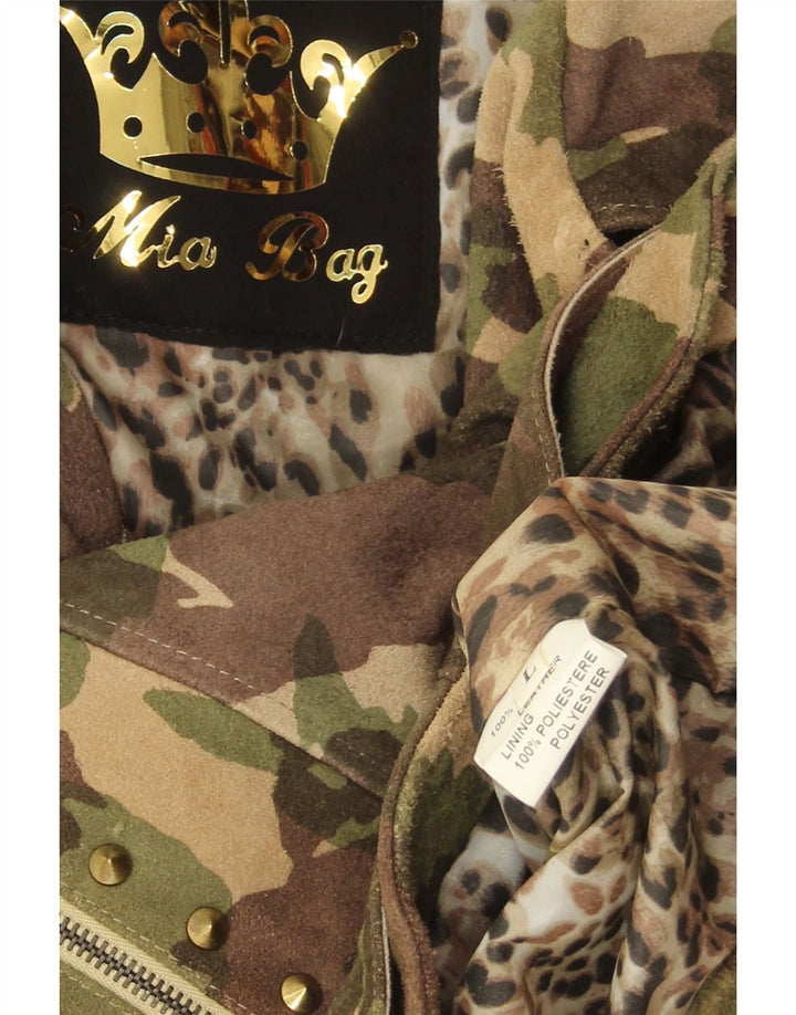 Jaqueta feminina vintage de camurça para motociclista Reino Unido 16 couro camuflado verde grande