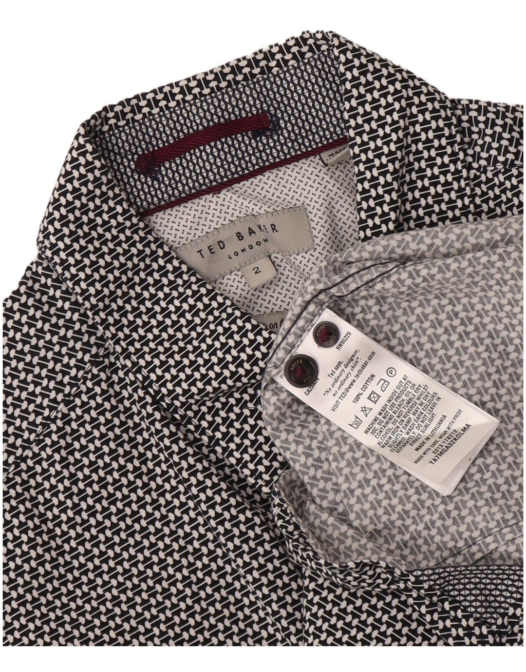 Camisa masculina Ted Baker tamanho 2 pequeno algodão geométrico preto
