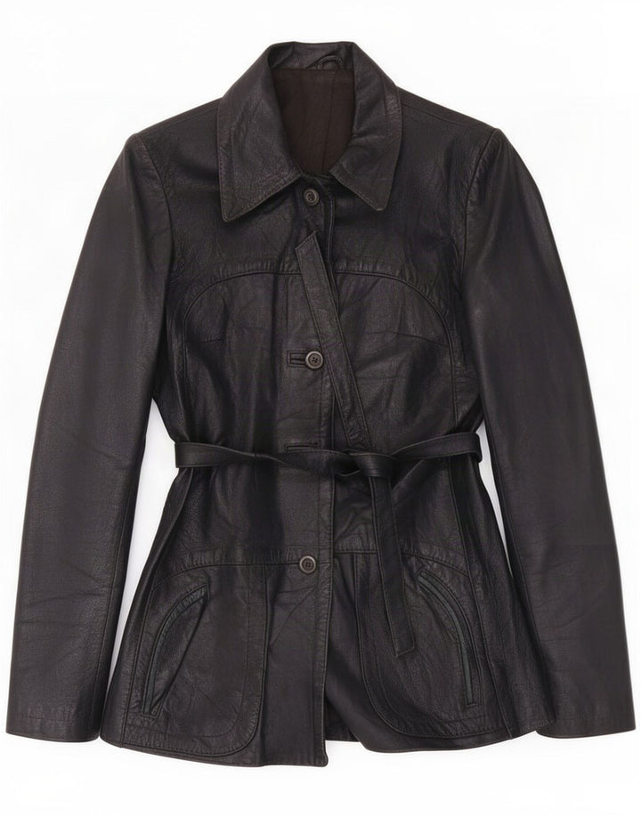 Jaqueta de couro feminina vintage UK 8 pequena preta