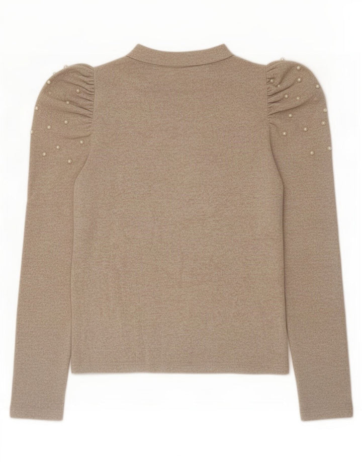 Top feminino Zara de manga comprida UK 12 médio bege manchado