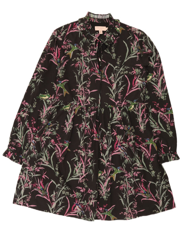 Vestido feminino Ted Baker de manga comprida em camadas tamanho 1 XS preto floral boêmio