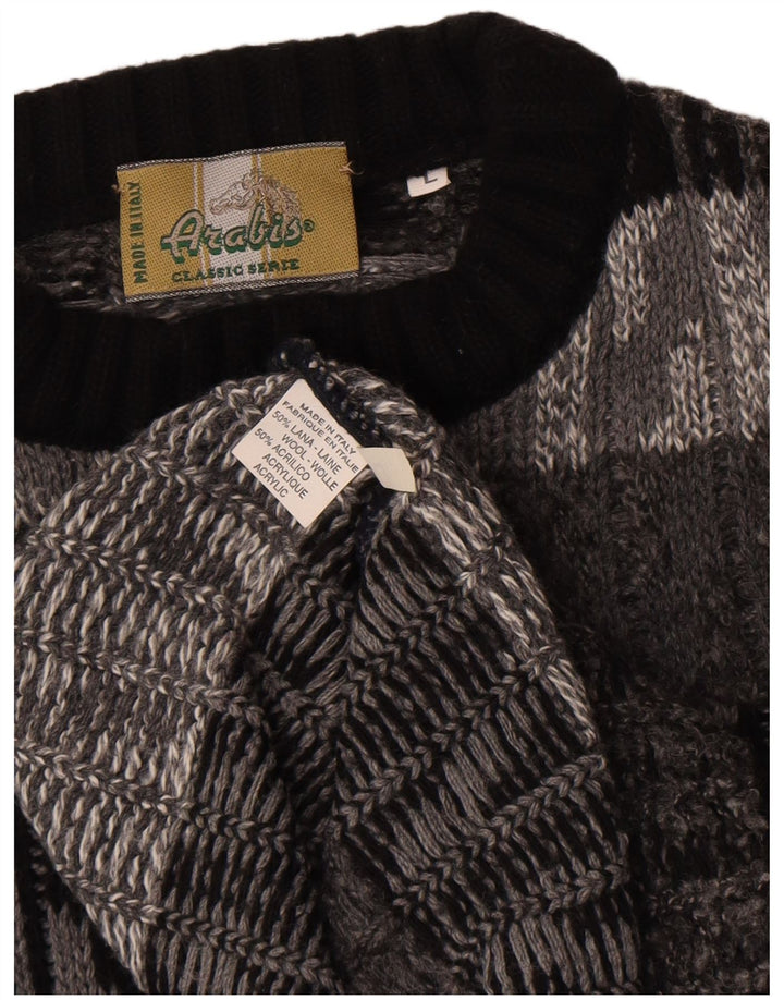 Suéter vintage masculino com gola redonda, grande lã chevron cinza