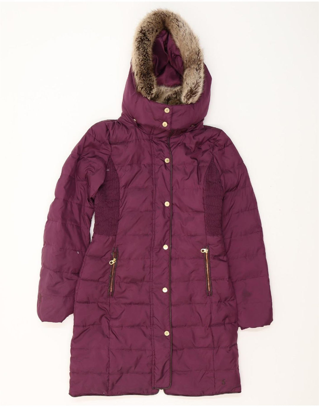 Casaco feminino acolchoado com capuz grande JOULES Reino Unido 8 pequeno poliéster roxo
