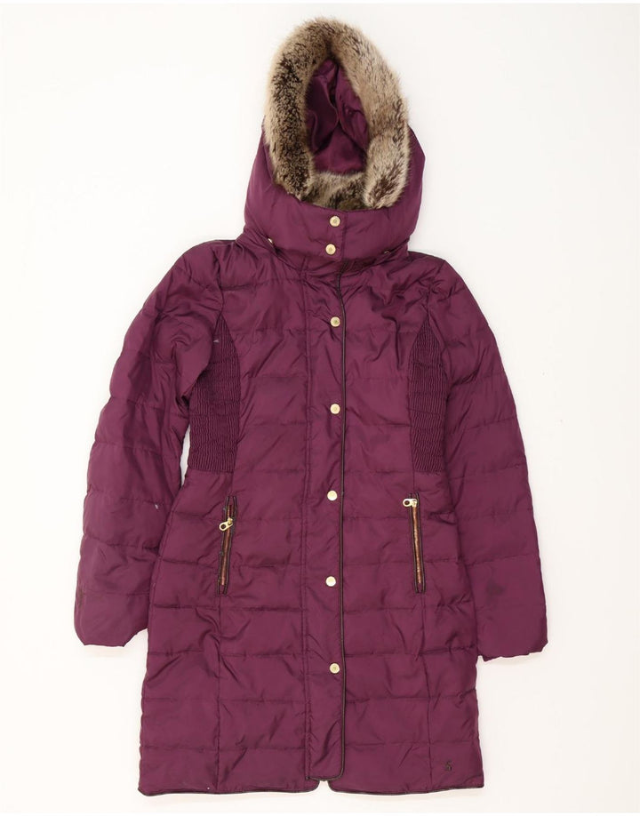 Casaco feminino acolchoado com capuz grande JOULES Reino Unido 8 pequeno poliéster roxo