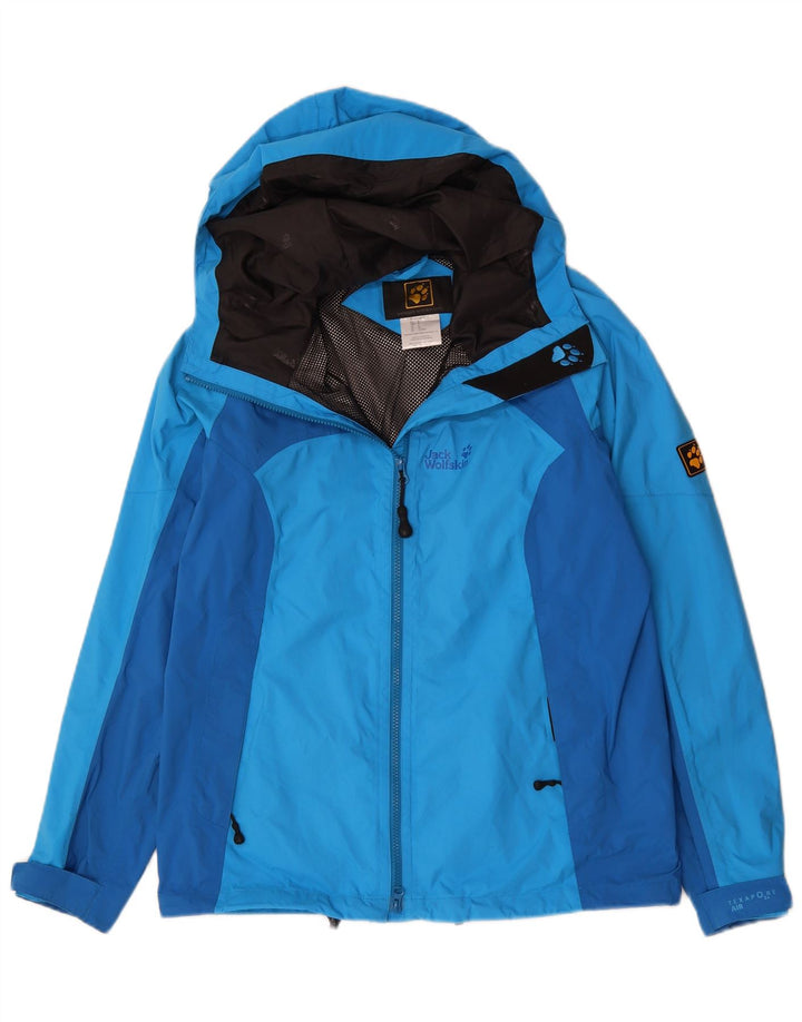Jaqueta de chuva masculina com capuz Jack Wolfskin Reino Unido 34 bloco colorido azul pequeno