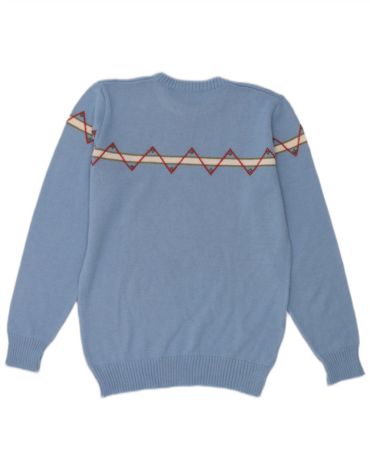 Suéter vintage masculino com gola redonda, lã geométrica pequena azul
