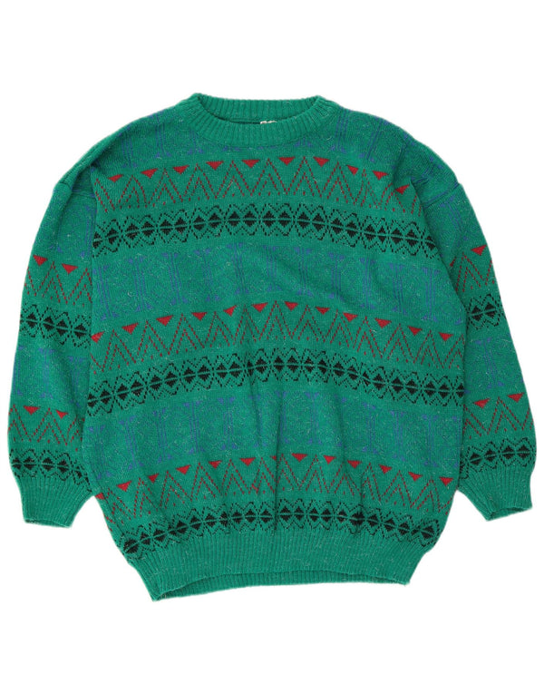 Suéter vintage masculino com gola redonda, acrílico geométrico verde médio