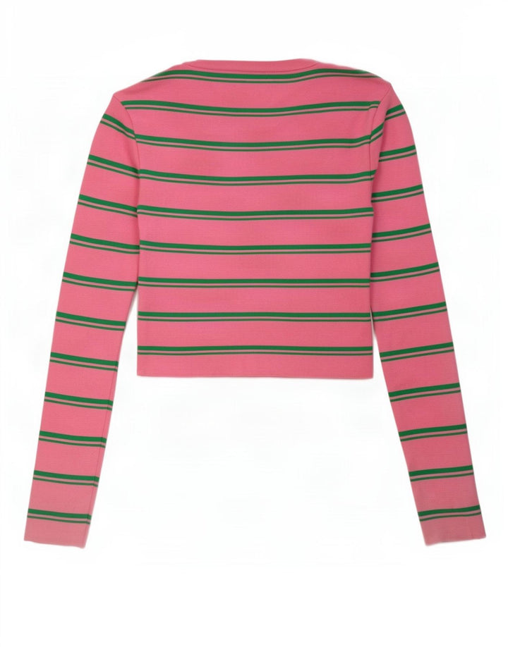 Zara Top curto feminino manga comprida Reino Unido 14 grande listrado rosa poliamida
