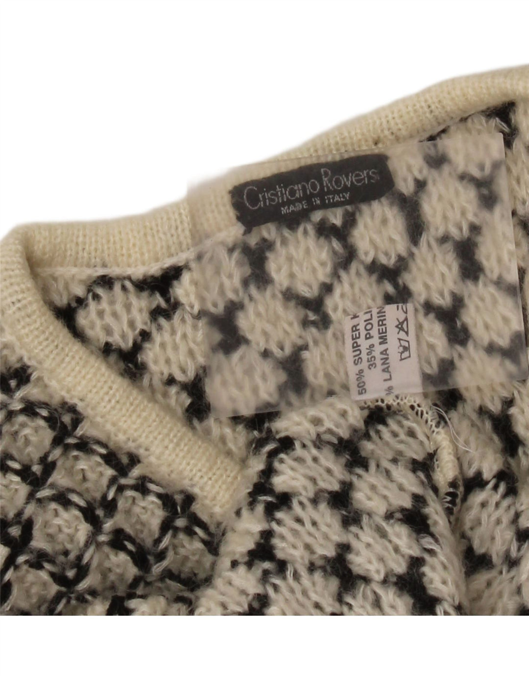 Suéter feminino vintage com decote em V UK 14 Médio Off White Geométrico