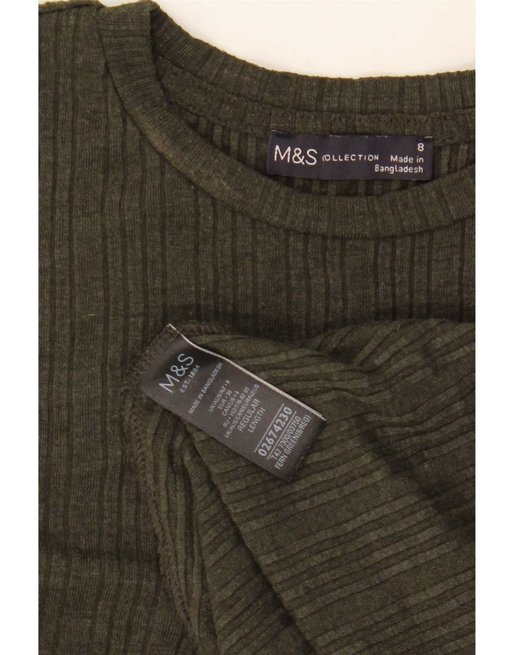 Vestido feminino Marks & Spencer manga comprida evasê Reino Unido 8 pequeno poliéster cáqui