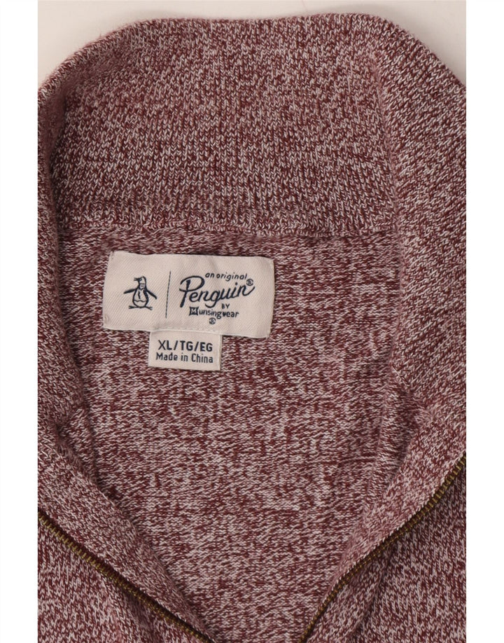 PENGUIN Mens Zip Neck Jumper Sweater XL Burgundy Cotton Vintage Penguin and Second-Hand Penguin from Messina Hembry 