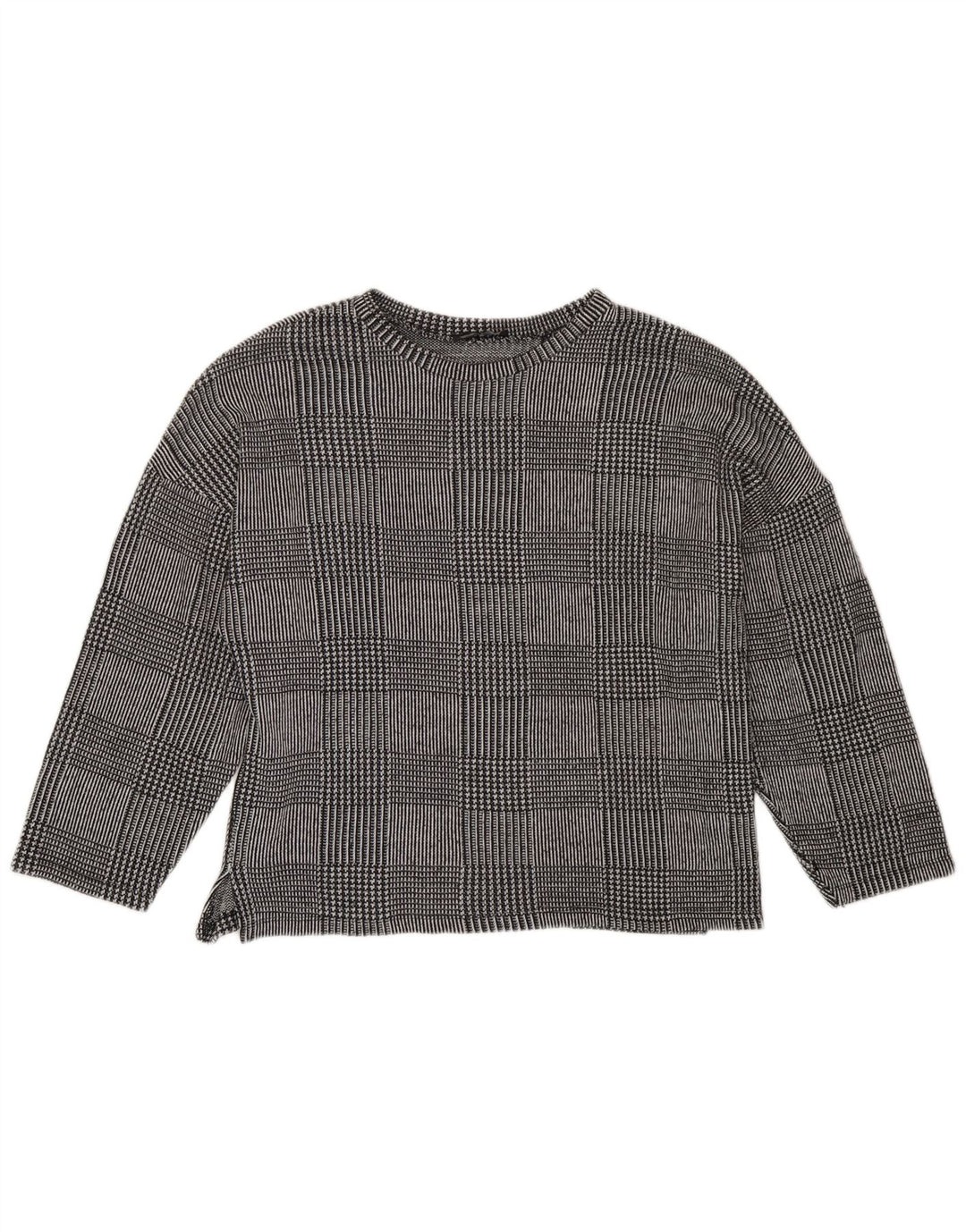 Top feminino Zara manga comprida UK 14 cinza médio houndstooth poliéster