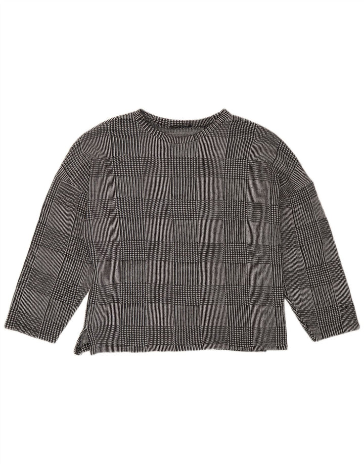 Top feminino Zara manga comprida UK 14 cinza médio houndstooth poliéster