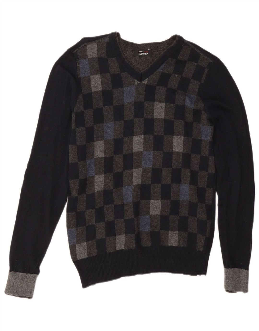 Zara Suéter masculino com gola V e algodão geométrico preto médio