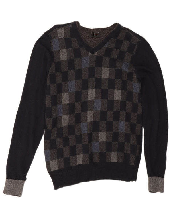 Zara Suéter masculino com gola V e algodão geométrico preto médio