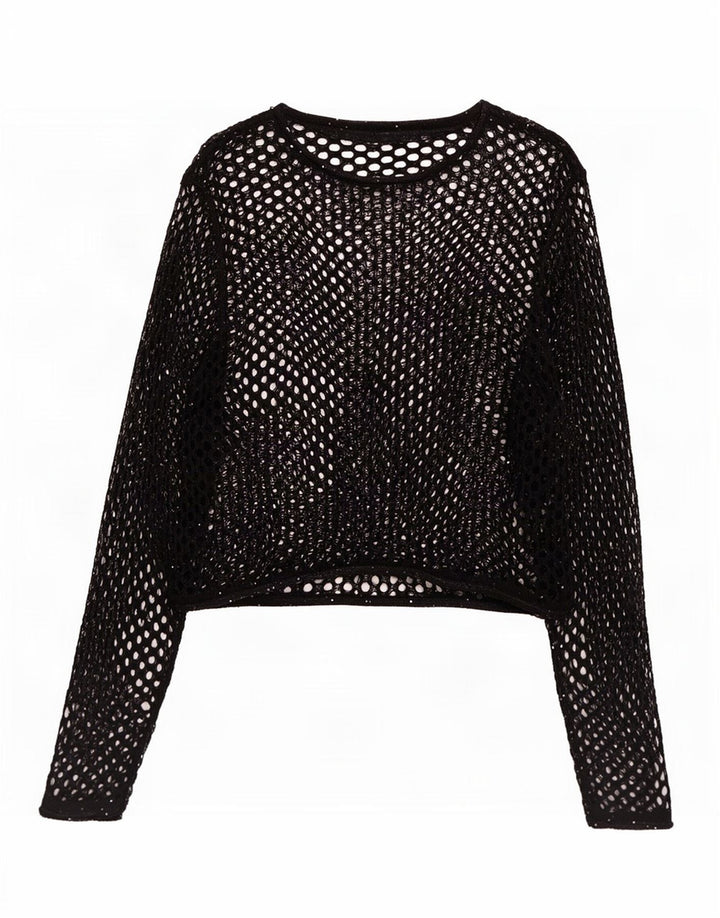 Zara Top feminino oversized de manga comprida em crochê transparente Reino Unido 10 pequeno preto