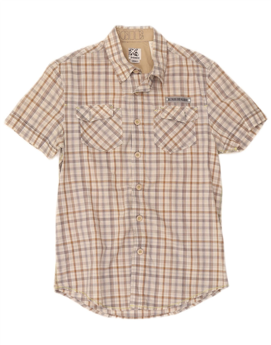 Camisa masculina Energie de manga curta pequena algodão xadrez bege