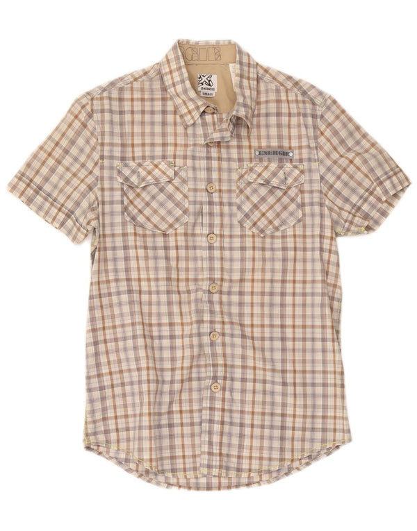 Camisa masculina Energie de manga curta pequena algodão xadrez bege
