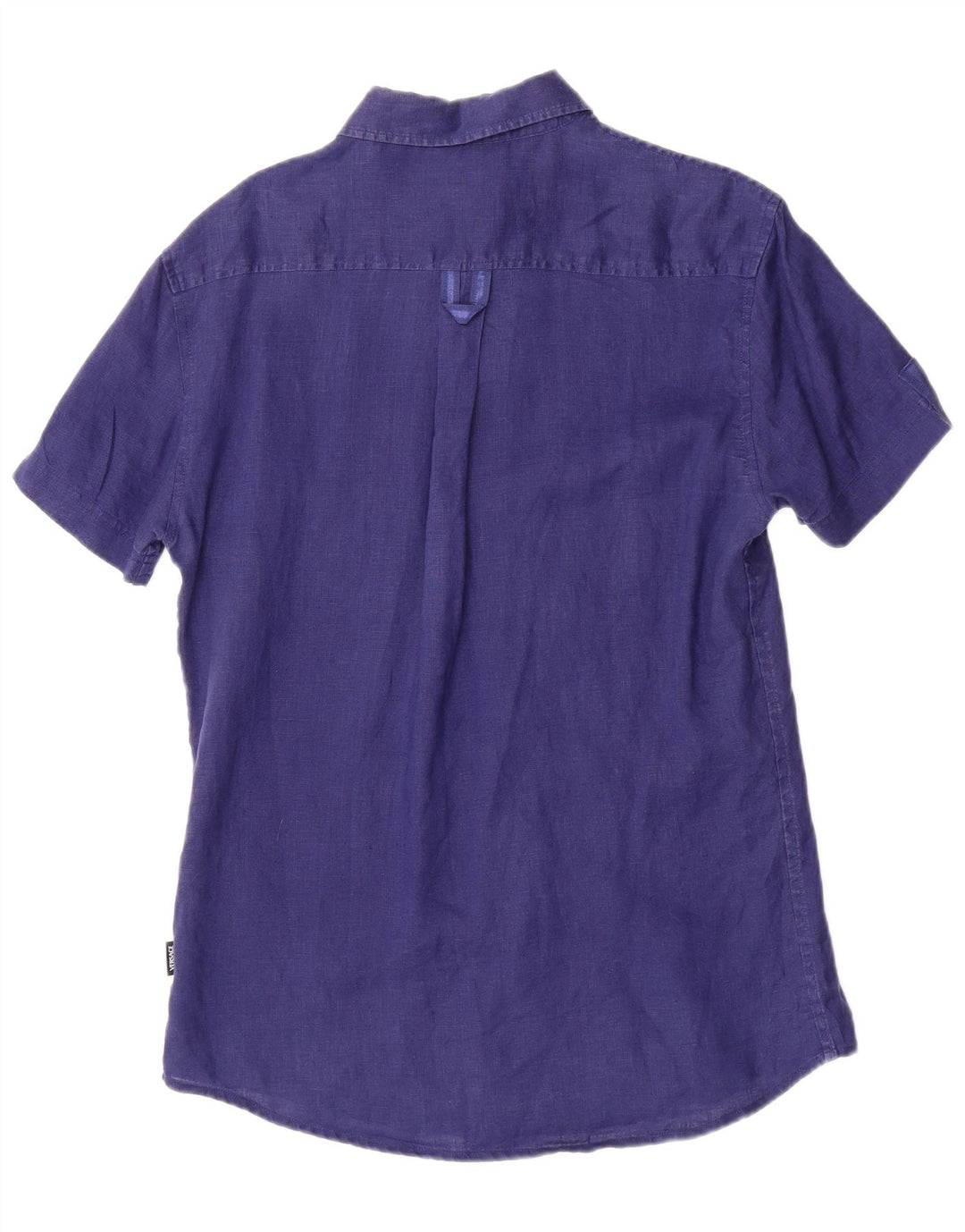 Versace Camisa masculina de manga curta pequena linho azul marinho