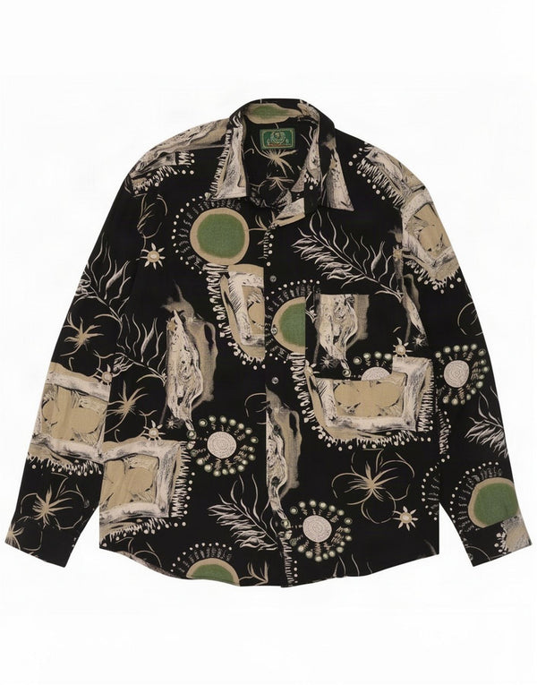 Camisa gráfica masculina vintage com padrão abstrato grande viscose preta