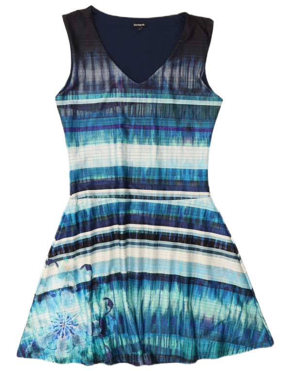 Vestido feminino Desigual sem mangas em linha A UK 14 poliéster listrado azul grande