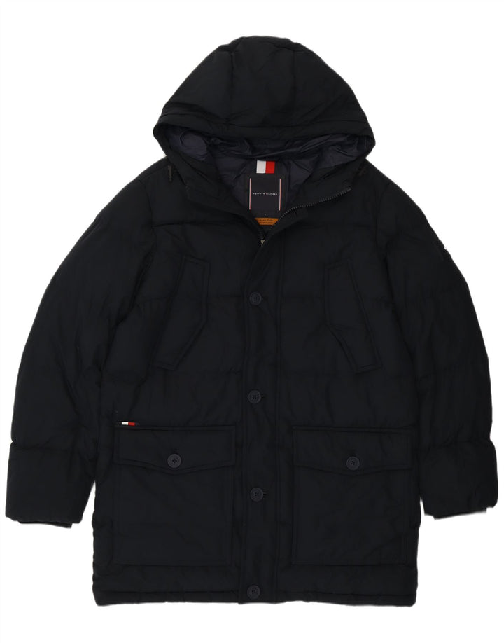 Jaqueta acolchoada com capuz masculina Tommy Hilfiger Reino Unido 40 grande poliéster azul marinho